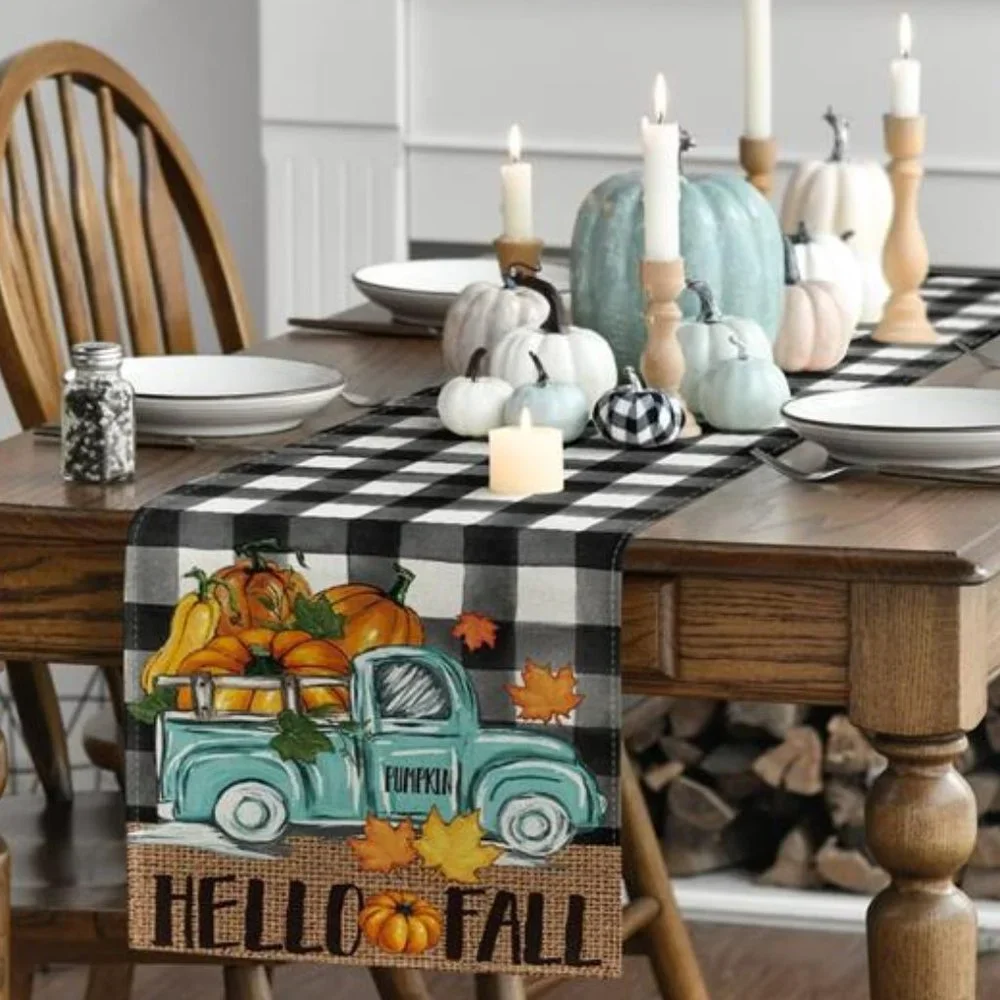 Fall Table Runner Thanksgiving Decor Pumpkin Truck Country Cottage Decoration